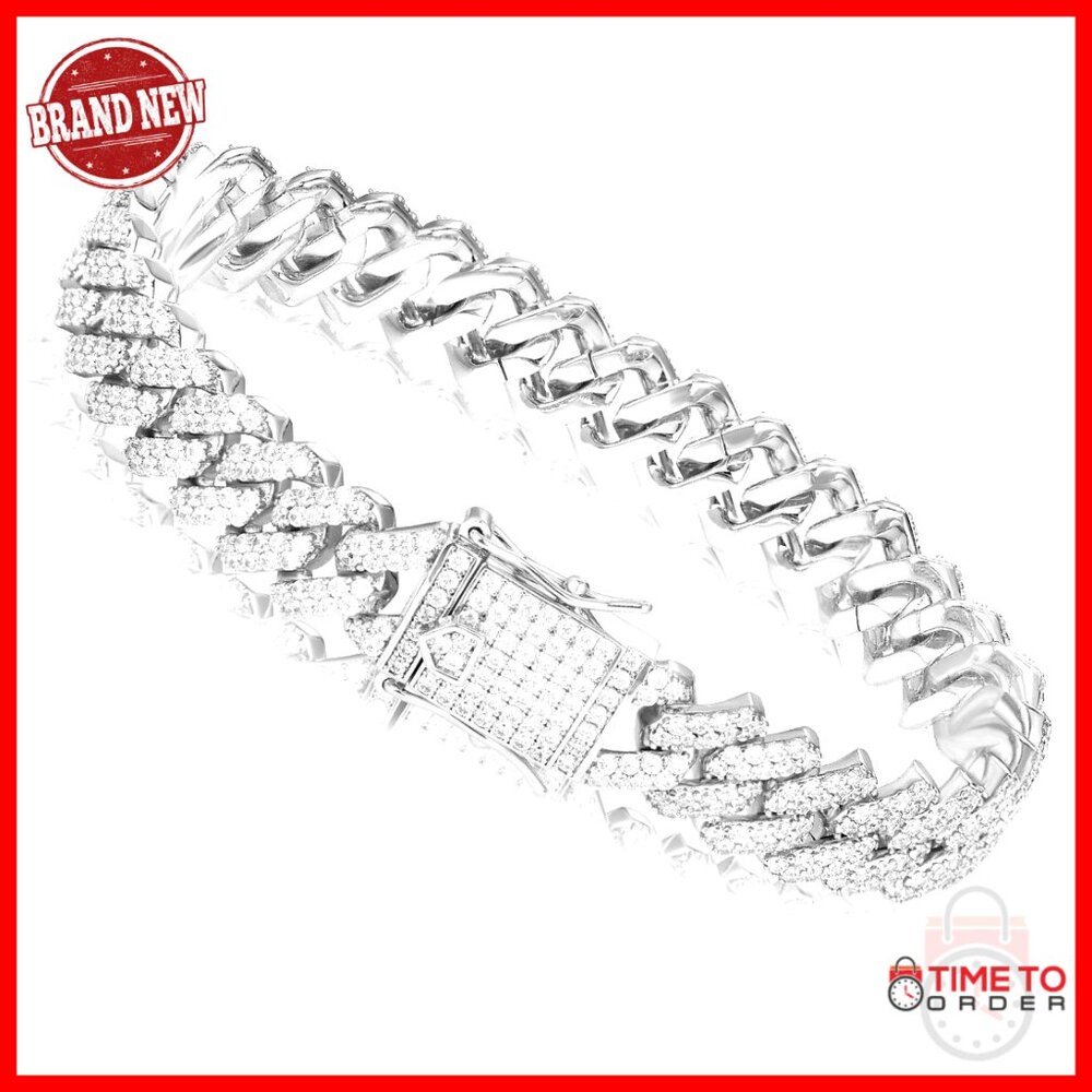 12mm Gold Plated Cuban Link Chain Bracelet with Prong-Setting Diamonds - Picture 1 of 7